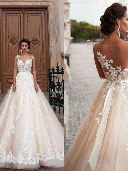 A-Line/Princess Tulle Scoop Applique Sleeveless Court Train Wedding Dresses