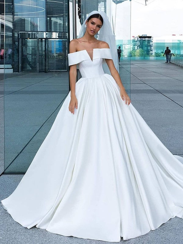 Ball Gown Satin Ruffles Off-the-Shoulder Sleeveless Court Train Weddin ...