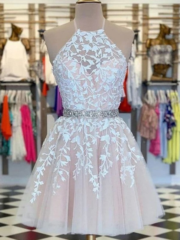 A-Line/Princess Applique Tulle Sleeveless Halter Short/Mini Homecoming Dresses