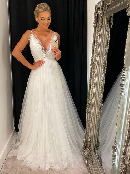 A-Line/Princess Sleeveless Tulle V-neck Ruffles Sweep/Brush Train Wedding Dresses