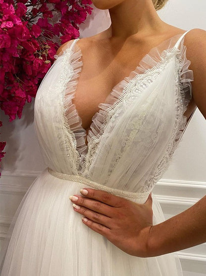 A-Line/Princess Sleeveless Tulle V-neck Ruffles Sweep/Brush Train Wedding Dresses