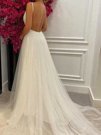 A-Line/Princess Sleeveless Tulle V-neck Ruffles Sweep/Brush Train Wedding Dresses