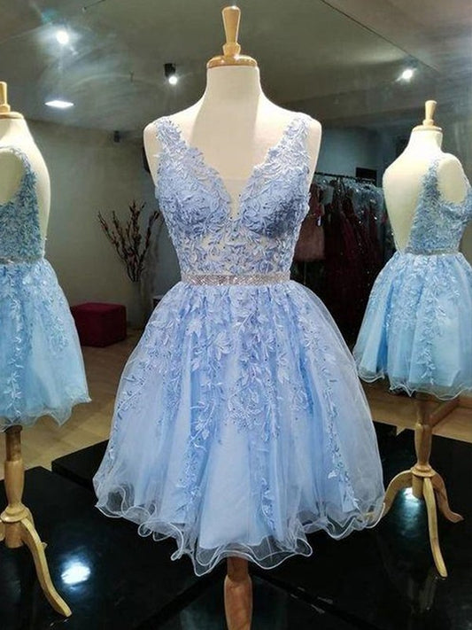 A-Line/Princess Tulle Lace V-neck Sleeveless Short/Mini Dresses