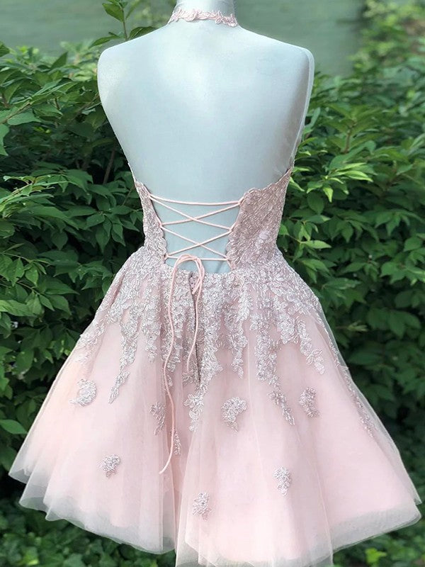 A-Line/Princess Tulle Applique Halter Sleeveless Short/Mini Dresses