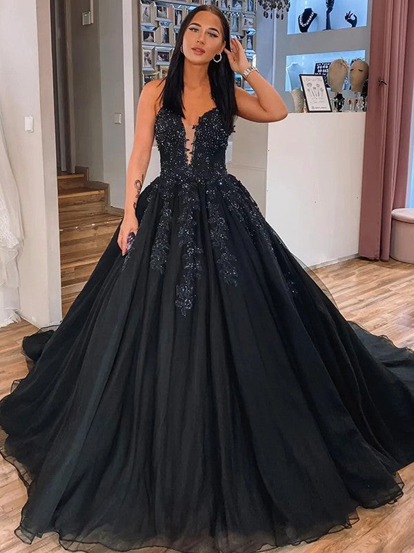 Ball Gown Tulle Applique V Neck Sleeveless Court Train Dresses Fannywe 9566