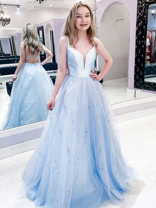 A-Line/Princess Tulle Sequin V-neck Sleeveless Floor-Length Dresses