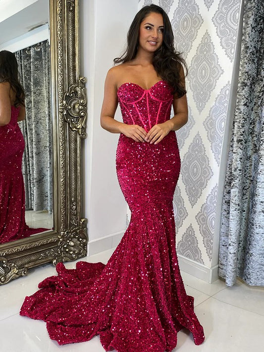 Sheath/Column Velvet Sequins Ruffles Sweetheart Sleeveless Court Train Dresses