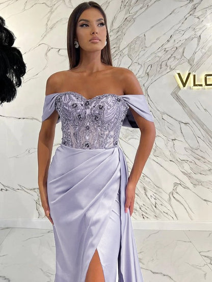 Sheath/Column Woven Satin Ruched Off-the-Shoulder Sleeveless Sweep/Brush Train Dresses