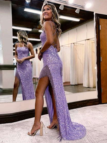 Sheath/Column Spaghetti Straps Sleeveless Sweep/Brush Train Dresses