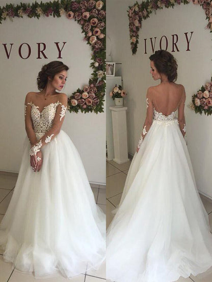 A-Line/Princess Tulle Off-the-Shoulder Sweep/Brush Train Long Sleeves Wedding Dresses
