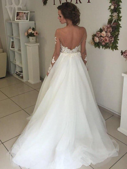 A-Line/Princess Tulle Off-the-Shoulder Sweep/Brush Train Long Sleeves Wedding Dresses
