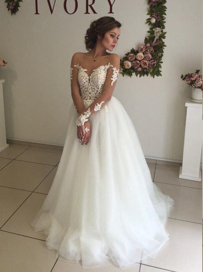 A-Line/Princess Tulle Off-the-Shoulder Sweep/Brush Train Long Sleeves Wedding Dresses