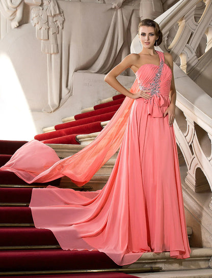 A-Line Elegant Dress Wedding Guest Engagement Court Train Sleeveless One Shoulder Chiffon with Crystals Draping