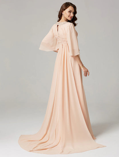 A-Line Special Occasion Dresses Elegant Dress Wedding Guest Formal Evening Sweep / Brush Train Half Sleeve Jewel Neck Chiffon with Beading Draping