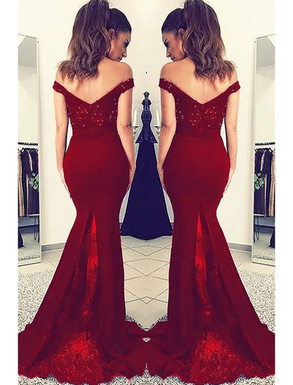 Mermaid / Trumpet Prom Dresses Sexy Dress Formal Prom Court Train Sleeveless Off Shoulder Stretch Fabric V Back with Beading Appliques
