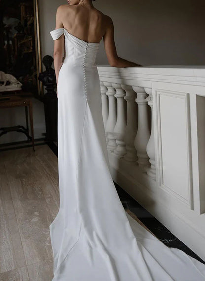 Sheath One-Shoulder Sleeveless Satin Wedding Dresses with Slit