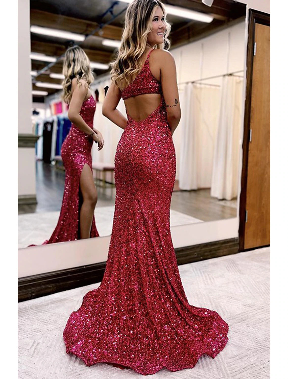 Mermaid / Trumpet Prom Dresses Sparkle & Shine Dress Formal Wedding Party Court Train Sleeveless One Shoulder Sequined with Sequin Slit