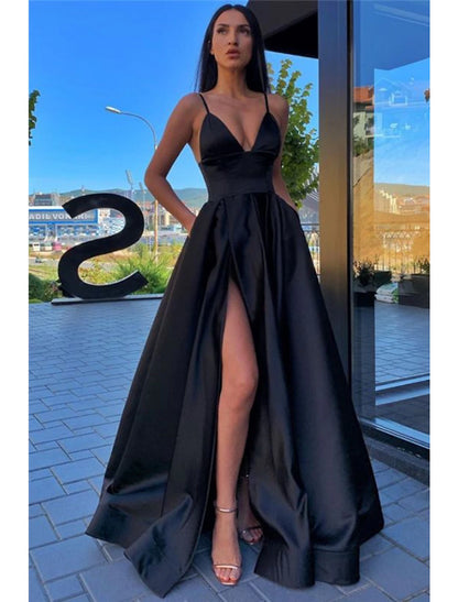 A-Line Black Prom Dress High Split Evening Dress Formal Birthday Summe ...