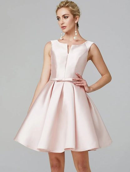 A-Line Cute Dress Wedding Guest Homecoming Length Sleeveless V Wire Satin with Bow(s) Pleats