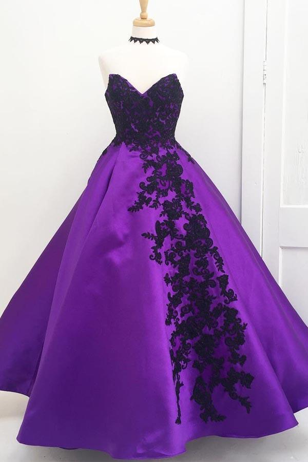 Sweetheart Purple Ball Gown Long Prom Dress with Black Appliques FannyWe