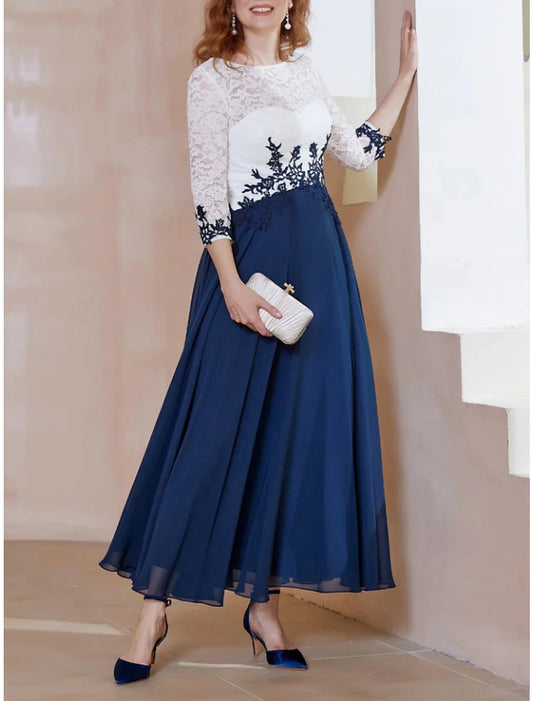A-Line Mother of the Bride Dress Wedding Guest Elegant Scoop Neck Ankle Length Chiffon 3/4 Length Sleeve with Lace Ruching
