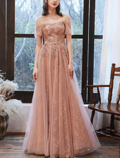 A-Line Evening Gown Glittering Dress Engagement Formal Evening Floor Length Short Sleeve Off Shoulder Spandex with Sequin Appliques