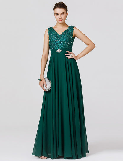 A-Line Elegant Dress Wedding Guest Formal Evening Floor Length Sleeveless V Neck Chiffon V Back with Sash / Ribbon Beading