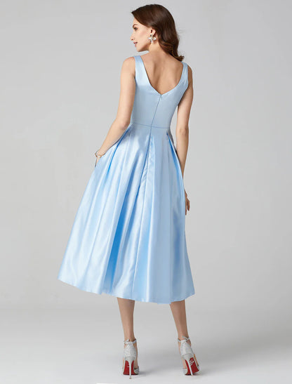 A-Line Cocktail Dresses Party Dress Formal Wedding Guest Tea Length Sleeveless Jewel Neck Pocket Satin with Pleats