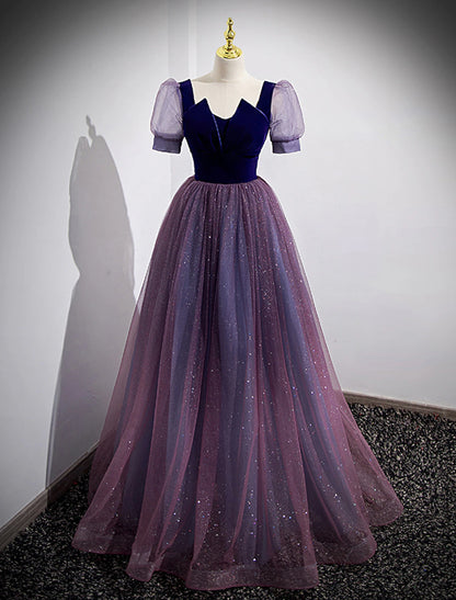 A-Line Prom Dresses Sparkle & Shine Dress Wedding Guest Prom Floor Length Short Sleeve Scoop Neck Tulle with Sequin