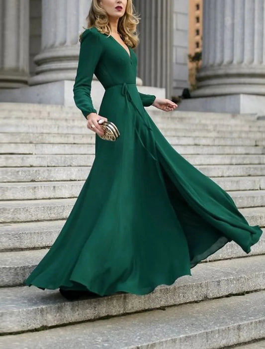 A-Line Minimalist Elegant Wedding Guest Formal Evening Dress V Neck Long Sleeve Floor Length Stretch Chiffon with Pure Color Strappy