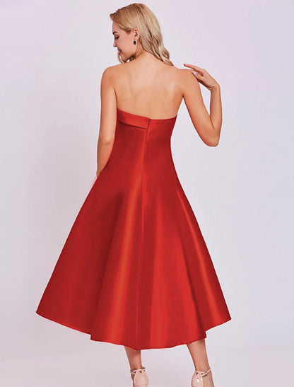 A-Line Cocktail Dresses Dress Homecoming Wedding Guest Tea Length Sleeveless Strapless Satin with Sleek