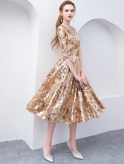 A-Line Cocktail Dresses Party Dress Holiday Wedding Guest Tea Length Half Sleeve Jewel Neck