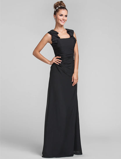 Sheath / Column Square Neck Floor Length Chiffon Bridesmaid Dress with Ruffles / Ruched