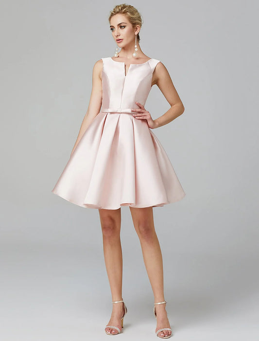 A-Line Cute Dress Wedding Guest Homecoming Length Sleeveless V Wire Satin with Bow(s) Pleats