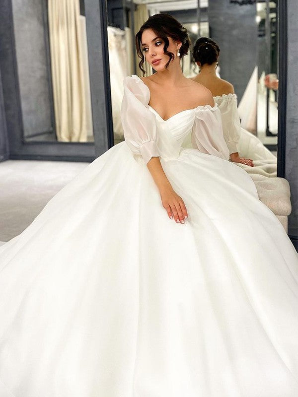 Ball Gown Organza Ruched Sweetheart 3/4 Sleeves Court Train Wedding Dr ...