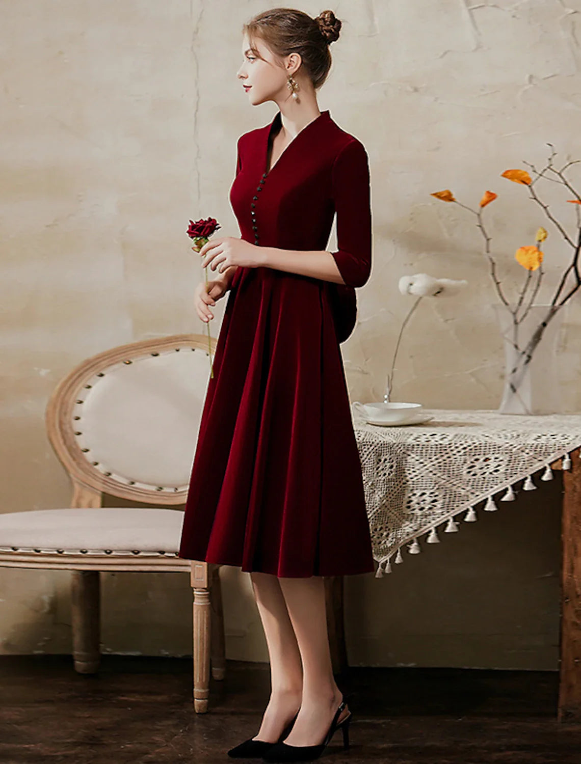 A-Line Vintage Party Wear Cocktail Party Dress V Neck Half Sleeve Tea Length Velvet with Sleek