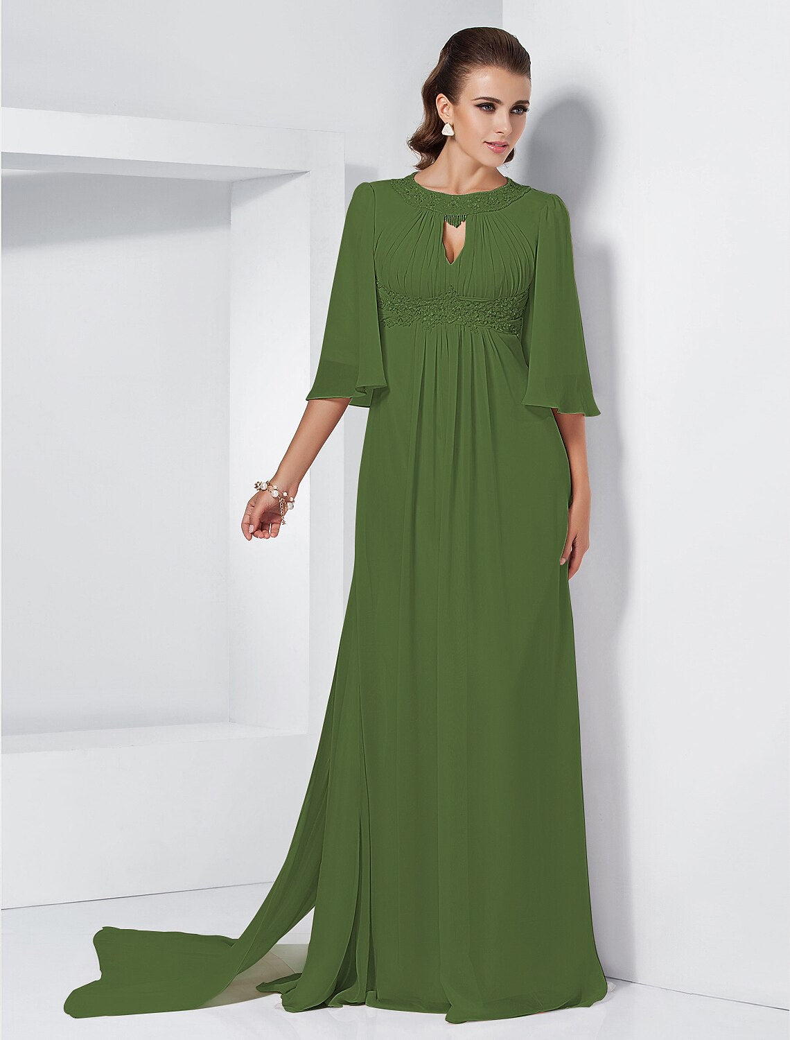 A-Line Special Occasion Dresses Elegant Dress Wedding Guest Formal Evening Sweep / Brush Train Half Sleeve Jewel Neck Chiffon with Beading Draping