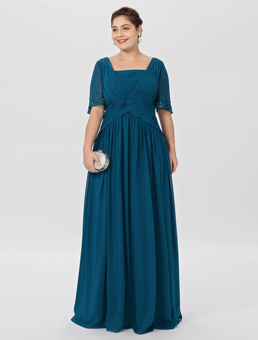 Ball Gown A-Line Mother of the Bride Dress Formal Classic & Timeless Elegant & Luxurious Plus Size Square Neck Floor Length Chiffon Short Sleeve No with Pleats Beading
