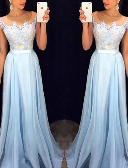 A-Line Prom Dresses Color Block Dress Formal Prom Floor Length Sleeveless Jewel Neck Chiffon with Beading Appliques