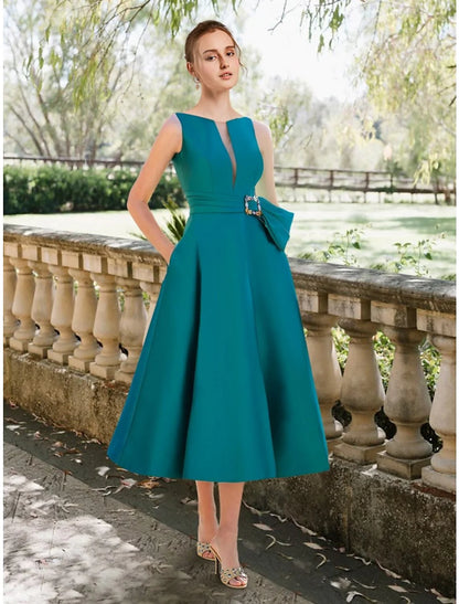 A-Line Cocktail Dresses Elegant Dress Cocktail Party Tea Length Christmas Sleeveless Scoop Neck Satin with Pleats Ruched Crystals