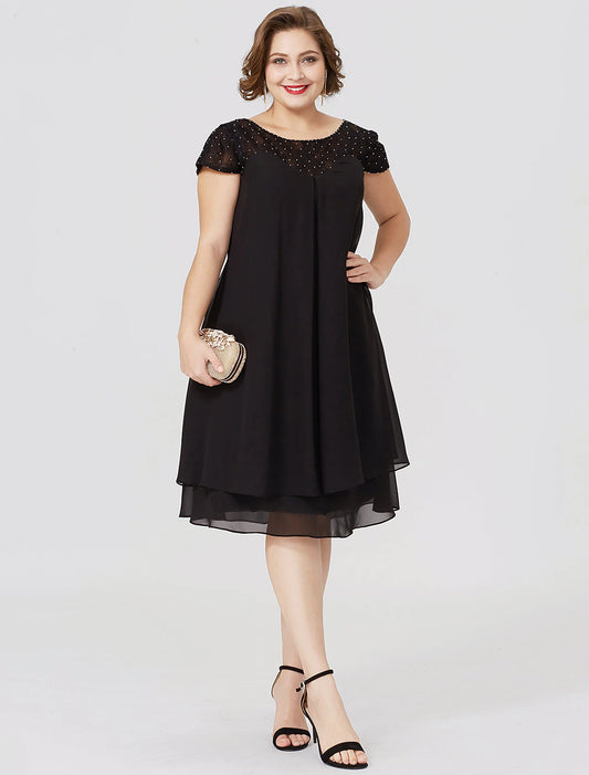 Sheath / Column Mother of the Bride Dress Formal Little Black Dress Plus Size See Through Jewel Neck Knee Length Chiffon Lace Short Sleeve No with Pleats Beading Lace Insert