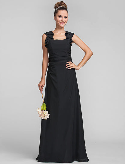 Sheath / Column Square Neck Floor Length Chiffon Bridesmaid Dress with Ruffles / Ruched