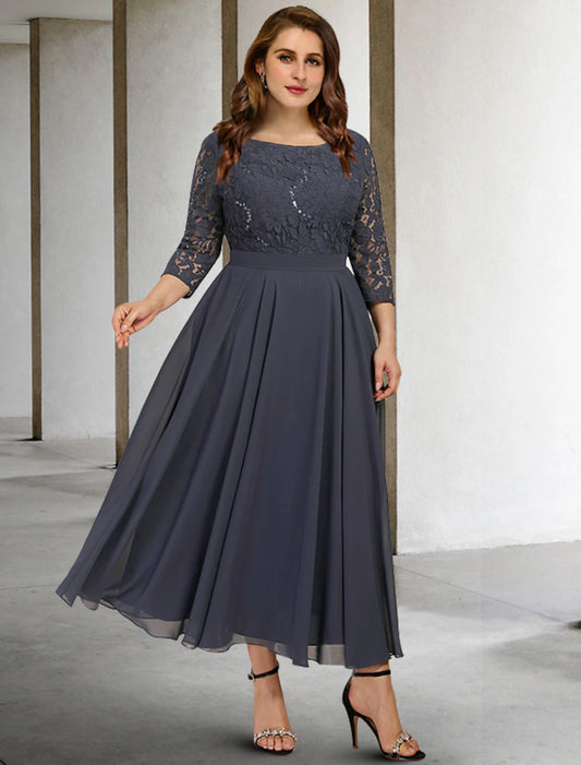 A-Line Mother of the Bride Dresses Plus Size Hide Belly Curve Elegant Dress Formal Tea Length 3/4 Length Sleeve Jewel Neck Chiffon with Pleats