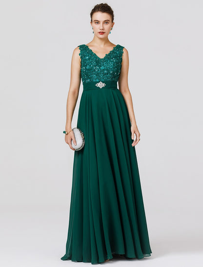 A-Line Elegant Dress Wedding Guest Formal Evening Floor Length Sleeveless V Neck Chiffon V Back with Sash / Ribbon Beading