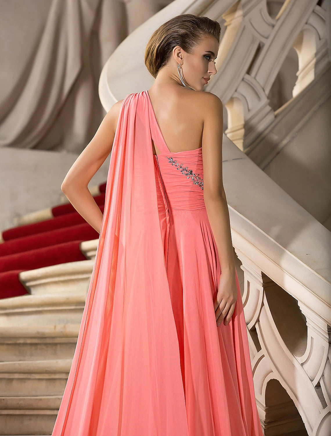 A-Line Elegant Dress Wedding Guest Engagement Court Train Sleeveless One Shoulder Chiffon with Crystals Draping