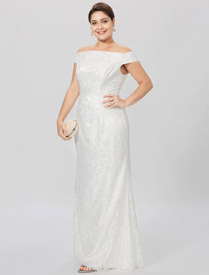 Sheath / Column Mother of the Bride Dress Formal Classic & Timeless Elegant & Luxurious Plus Size Off Shoulder Floor Length All Over Lace Short Sleeve No with Lace