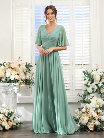 A-Line V Neck Sleeve Bridesmaid Dress for Wedding Guest Long Chiffon Party Dresses with Slit