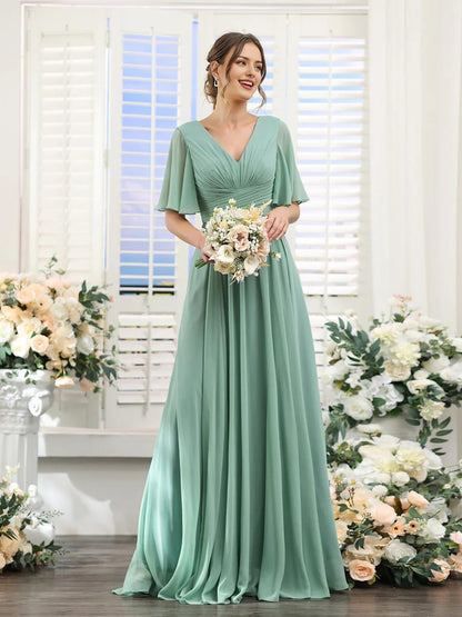 A-Line V Neck Sleeve Bridesmaid Dress for Wedding Guest Long Chiffon Party Dresses with Slit