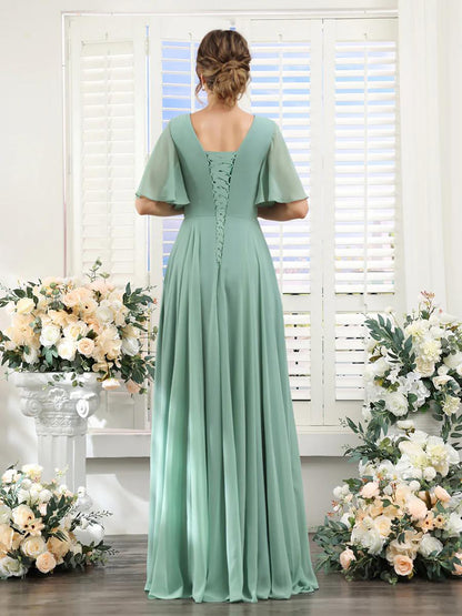 A-Line V Neck Sleeve Bridesmaid Dress for Wedding Guest Long Chiffon Party Dresses with Slit