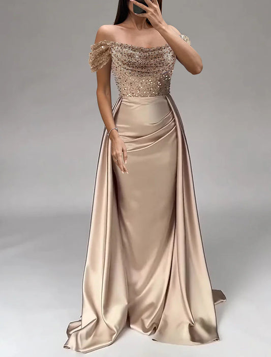 Mermaid / Trumpet Evening Gown Party Dress Wedding Prom Floor Length Short Sleeve Off Shoulder Satin with Pearls Sequin Overskirt
